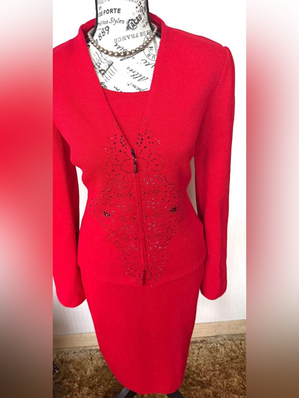 St. John Red Two-Piece Knit Dress Suit with Beaded Detail size 6